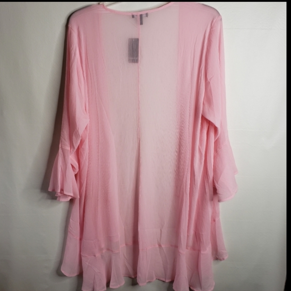 Torrid Kimono Top 2X 18/20W Crinkled Pink Chiffon Sheer Ruffle Bell Sleeve NWT - Picture 3 of 14